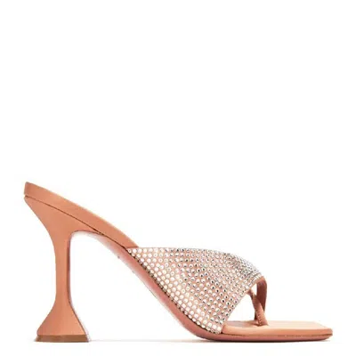Amina Muaddi Shiona 95 Beige Satin Crystal Mules In Metallic
