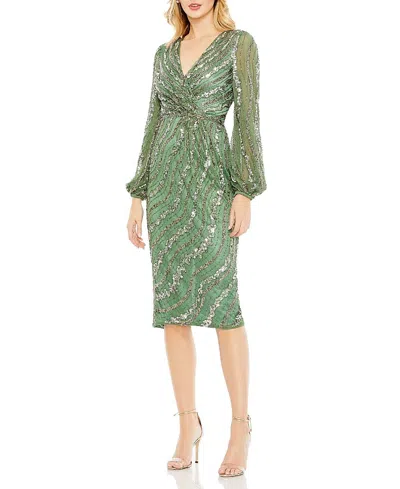 Mac Duggal 5573 Sequin Beaded Long Sleeve Cocktail Midi Dress In Sage