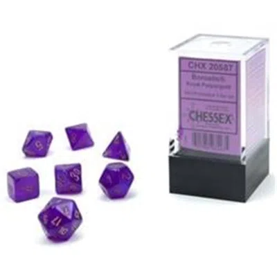 Chessex Cube Mini Borealis Luminary Dice, Royal Purple With Gold Number - Set Of 7