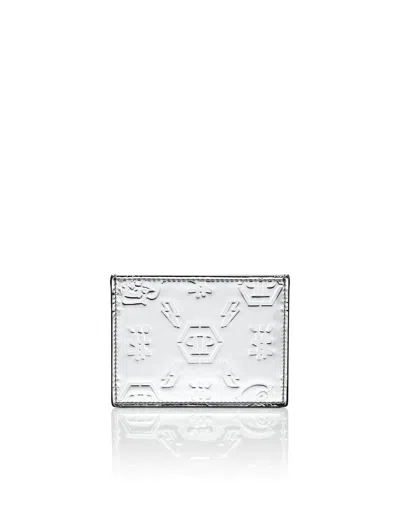 Philipp Plein Mirror Leather Cards Holder Monogram In Silver
