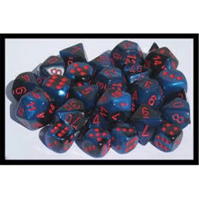 Chessex Manufacturing Black & Starlight Blue Cube Gemini No.7 Dice, Red Numbers - Set Of 7