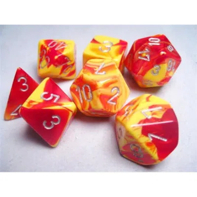 Chessex Manufacturing 26450 Cube Gemini Set Of 7 Dice - Red & Yellow With Silver Numbering
