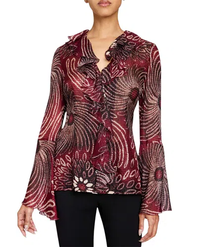 Santorelli Sydney Long Sleeve Button Down Blouse With Ruffles In Silk Modern Gingham Floral Print In Cherry Cola