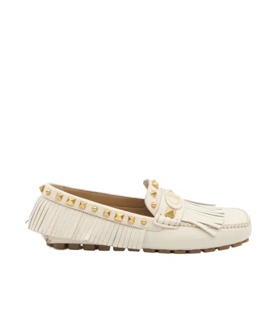Valentino Garavani Fringed Leather Loafers Metal Rivets In White