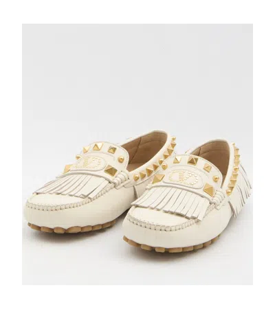 Valentino Garavani Fringed Leather Loafers Metal Rivets In White