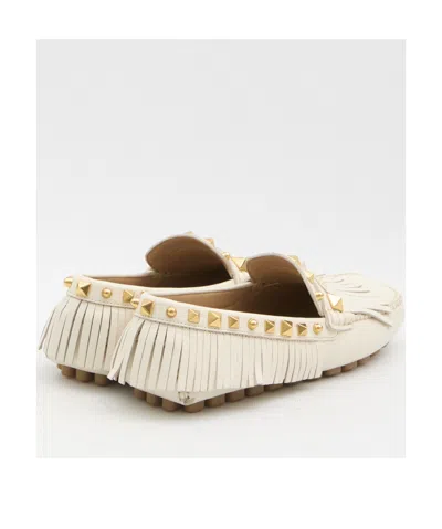 Valentino Garavani Fringed Leather Loafers Metal Rivets In White