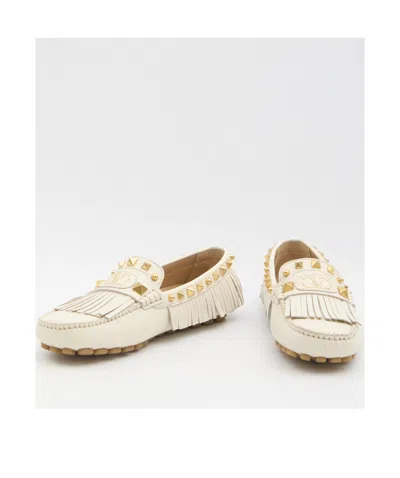 Valentino Garavani Fringed Leather Loafers Metal Rivets In White
