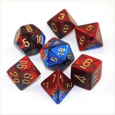 Chessex Manufacturing 26429 Cube Gemini Set Of 7 Dice - Blue & Red With Gold Numbering