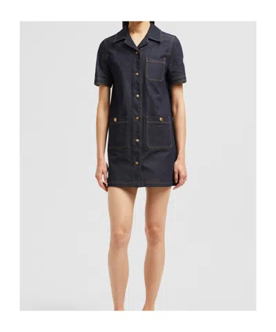Moncler Short Sleeve Denim Dress With Front Pockets In Blue