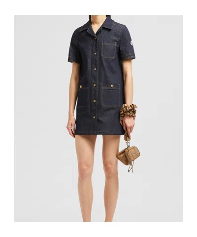 Moncler Short Sleeve Denim Dress With Front Pockets In Blue