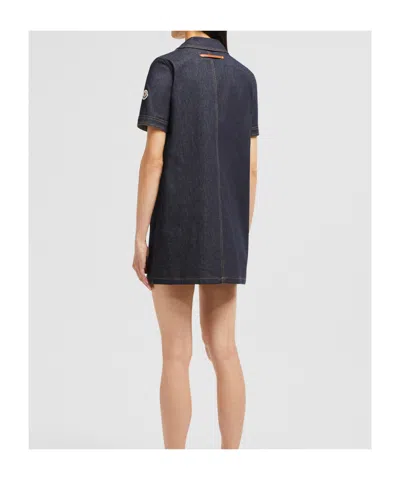 Moncler Short Sleeve Denim Dress With Front Pockets In Blue