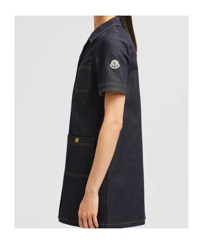 Moncler Short Sleeve Denim Dress With Front Pockets In Blue