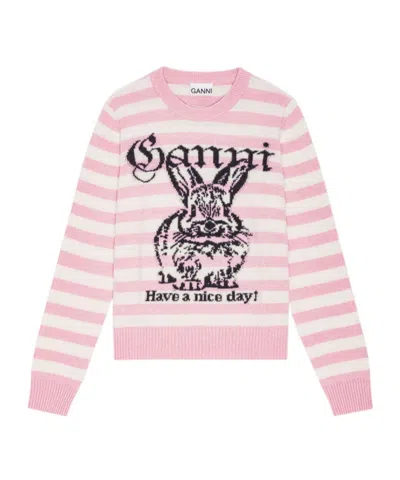 Ganni Striped Graphic Wool Mix Bunny Crewneck In Multi