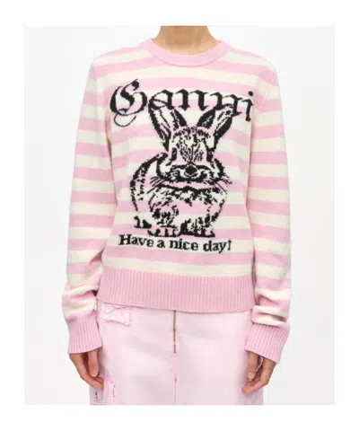 Ganni Striped Graphic Wool Mix Bunny Crewneck In Multi