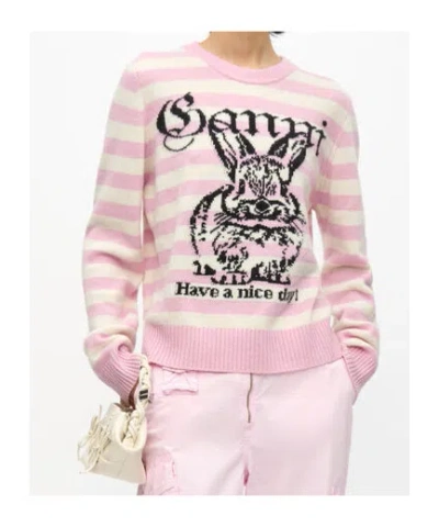 Ganni Striped Graphic Wool Mix Bunny Crewneck In Multi