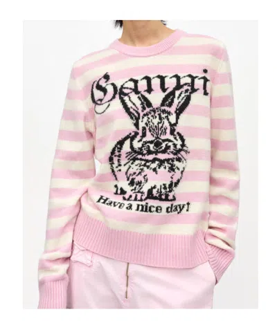 Ganni Striped Graphic Wool Mix Bunny Crewneck In Multi