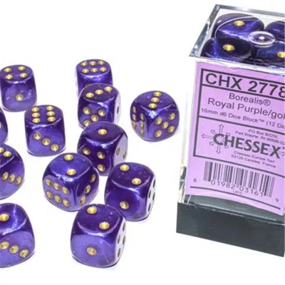 Chessex Manufacturing 16 Mm D6 Cube Borealis Luminary Dice, Royal Purple With Gold Numbers - Pack Of 12
