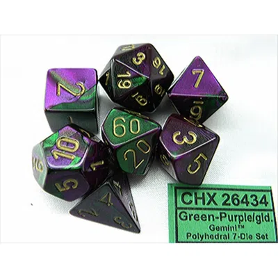 Chessex Manufacturing 26434 Cube Gemini Set Of 7 Dice - Green & Purple With Gold Numbering