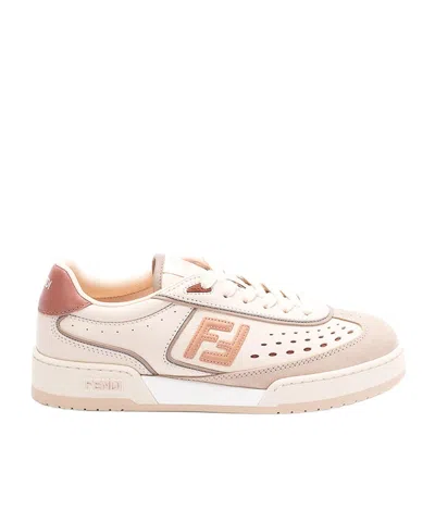 Fendi Modern Contrast Panel Sneakers With Perforated Design In Brown