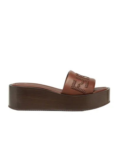 Fendi Women Brown Slides With Wedge Heel And Ff Motiv On The Band In Leather Man In Green