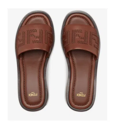 Fendi Women Brown Slides With Wedge Heel And Ff Motiv On The Band In Leather Man In Green