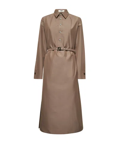 Fendi Brown Cotton And Silk Canvas Shirt Dress In Gray