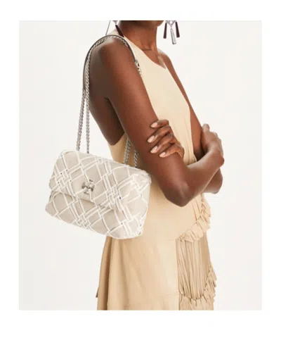 Tory Burch Canvas Woven Flap Bag With Sliding Chain In Neutral