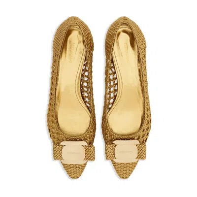 Ferragamo Ballet Flat With New Vara Plate In Gold