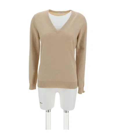 Brunello Cucinelli Soft Cashmere V-neck Sweater With Ribbed Finish In Nude