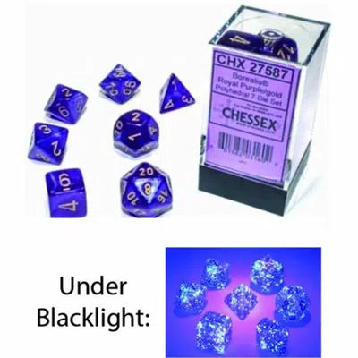 Chessex Manufacturing Cube Borealis Luminary Dice, Royal Purple With Gold Numbers - Set Of 7