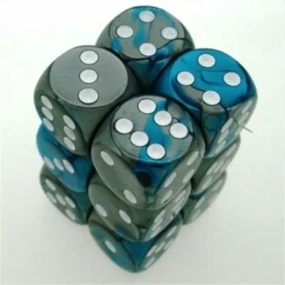Chessex Manufacturing 26656 D6 Cube Gemini Set Of 12 Dice- 16 Mm - Steel & Teal With White Numbering