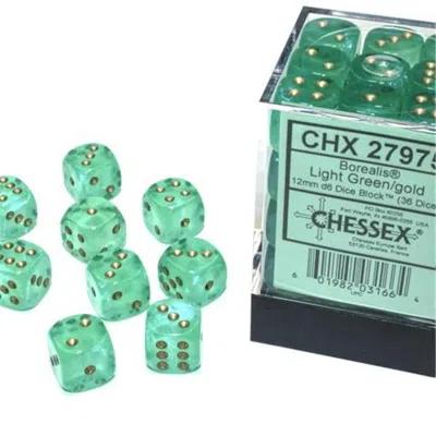 Chessex Manufacturing 12 Mm D6 Cube Borealis Luminary Dice, Light Green With Gold Numbers - Pack Of 36