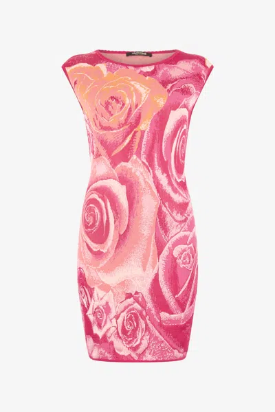 Roberto Cavalli Mini Dress With Garden Rose Print In Rosa