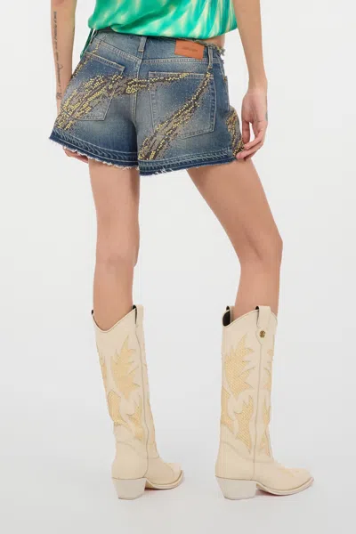 Roberto Cavalli Zebra Studded And Rhinestone Patterned Shorts In Blu Scuro 193921