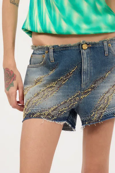 Roberto Cavalli Zebra Studded And Rhinestone Patterned Shorts In Blu Scuro 193921