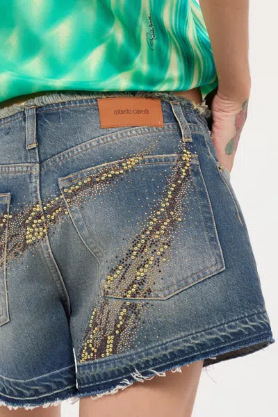 Roberto Cavalli Zebra Studded And Rhinestone Patterned Shorts In Blu Scuro 193921