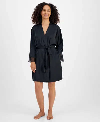 Inc International Concepts Womens Lace Trim Stretch Satin Robe Created For Macys Xs 3x In Deep Black
