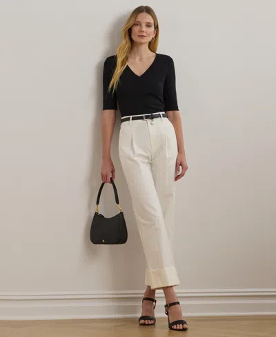 Ralph Lauren Stretch Cotton Elbow-sleeve V-neck Tee In Black