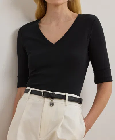 Ralph Lauren Stretch Cotton Elbow-sleeve V-neck Tee In Black