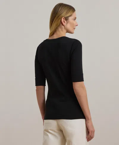 Ralph Lauren Stretch Cotton Elbow-sleeve V-neck Tee In Black