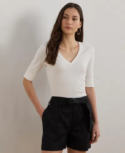 Ralph Lauren Stretch Cotton Elbow-sleeve V-neck Tee In White