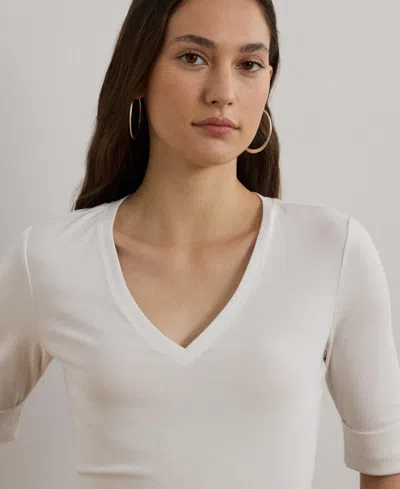 Ralph Lauren Stretch Cotton Elbow-sleeve V-neck Tee In White