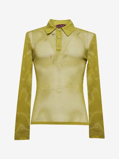 Gucci Men Green Embossed Technical Mesh Polo Top In Green