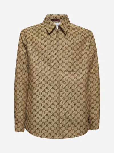 Gucci Beige Jacket With Classic Collar And Front Zip Closure In Gg Canvas Man