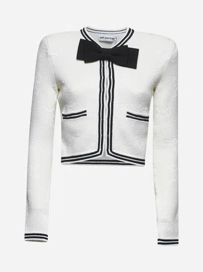 Self-portrait Beige Cardigan With Bow Detail On The Front And Contrasting Trims In Cotton Blend Woman