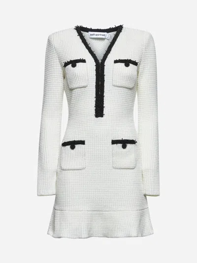 Self-portrait Textured White Dress With Beaded V-neckline