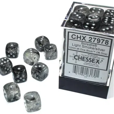 Chessex Manufacturing 12 Mm D6 Cube Borealis Luminary Dice, Light Smoke With Silver Pips - Pack Of 36