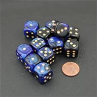 Chessex Manufacturing 26635 D6 Cube Gemini Set Of 12 Dice, 16 Mm - Black & Blue With Gold Numbering