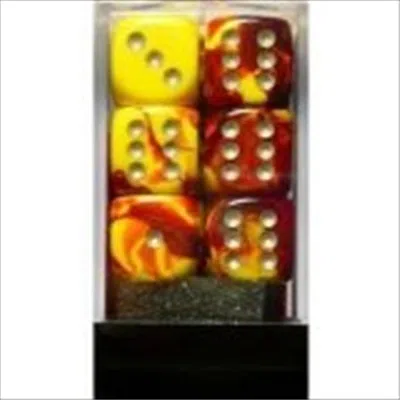 Chessex Manufacturing 26650 D6 Cube Gemini Set Of 12 Dice- 16 Mm - Red & Yellow With Silver Numbering