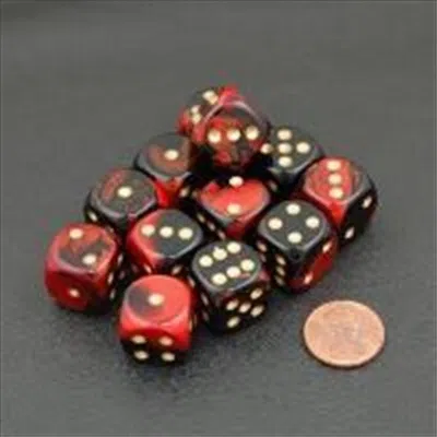 Chessex Manufacturing 26633 D6 Cube Gemini Set Of 12 Dice- 16 Mm - Black & Red With Gold Numbering